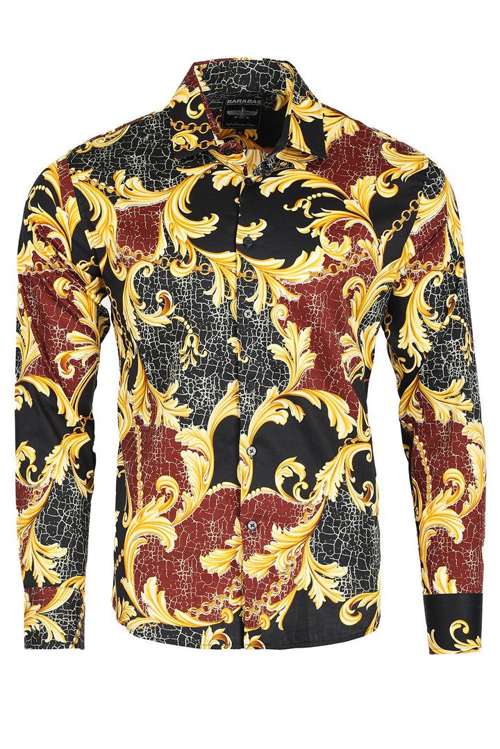 BARABAS men's leather design baroque printed long sleeve shirts 2SP36 Black and gold