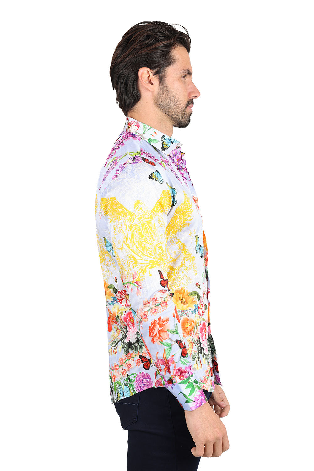 Barabas Men's floral butterfly bird printed Long Sleeve Shirts 2SP38 2SP38 Red