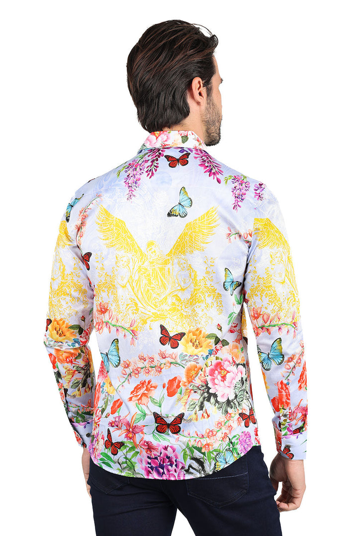 Barabas Men's floral butterfly bird printed Long Sleeve Shirts 2SP38 2SP38 Orange