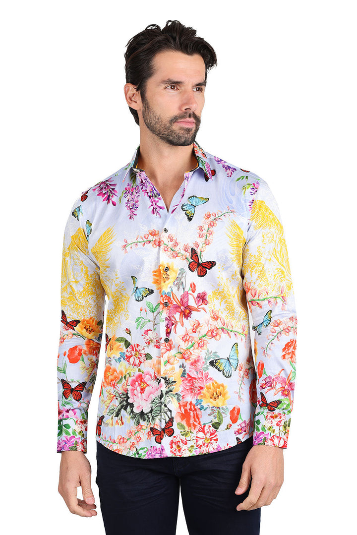 Barabas Men's floral butterfly bird printed Long Sleeve Shirts 2SP38 2SP38 Yellow