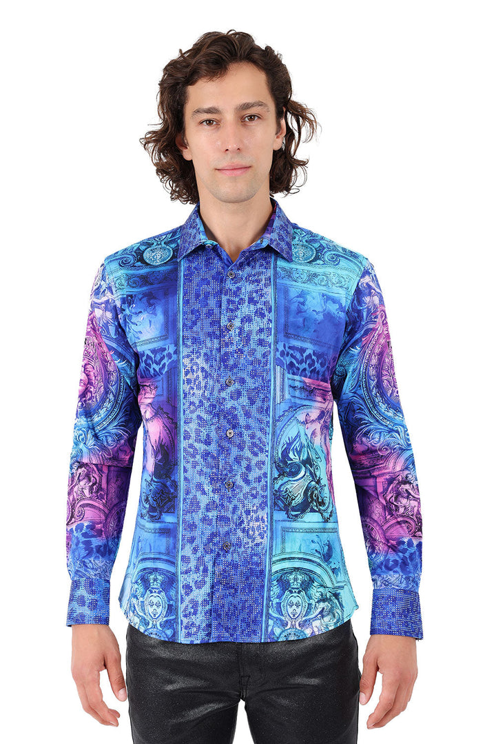BARABAS Men's Rhinestone Medusa Floral Angeles Baroque Shirt 2SPR220 Blue