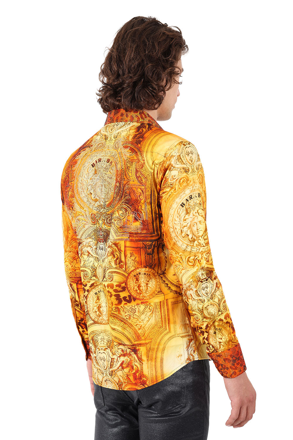 BARABAS Men's Rhinestone Medusa Floral Angeles Baroque Shirt 2SPR220 Gold