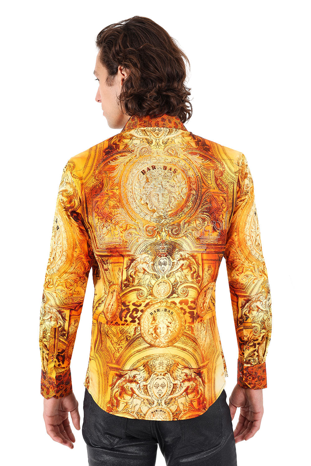 BARABAS Men's Rhinestone Medusa Floral Angeles Baroque Shirt 2SPR220 Rust