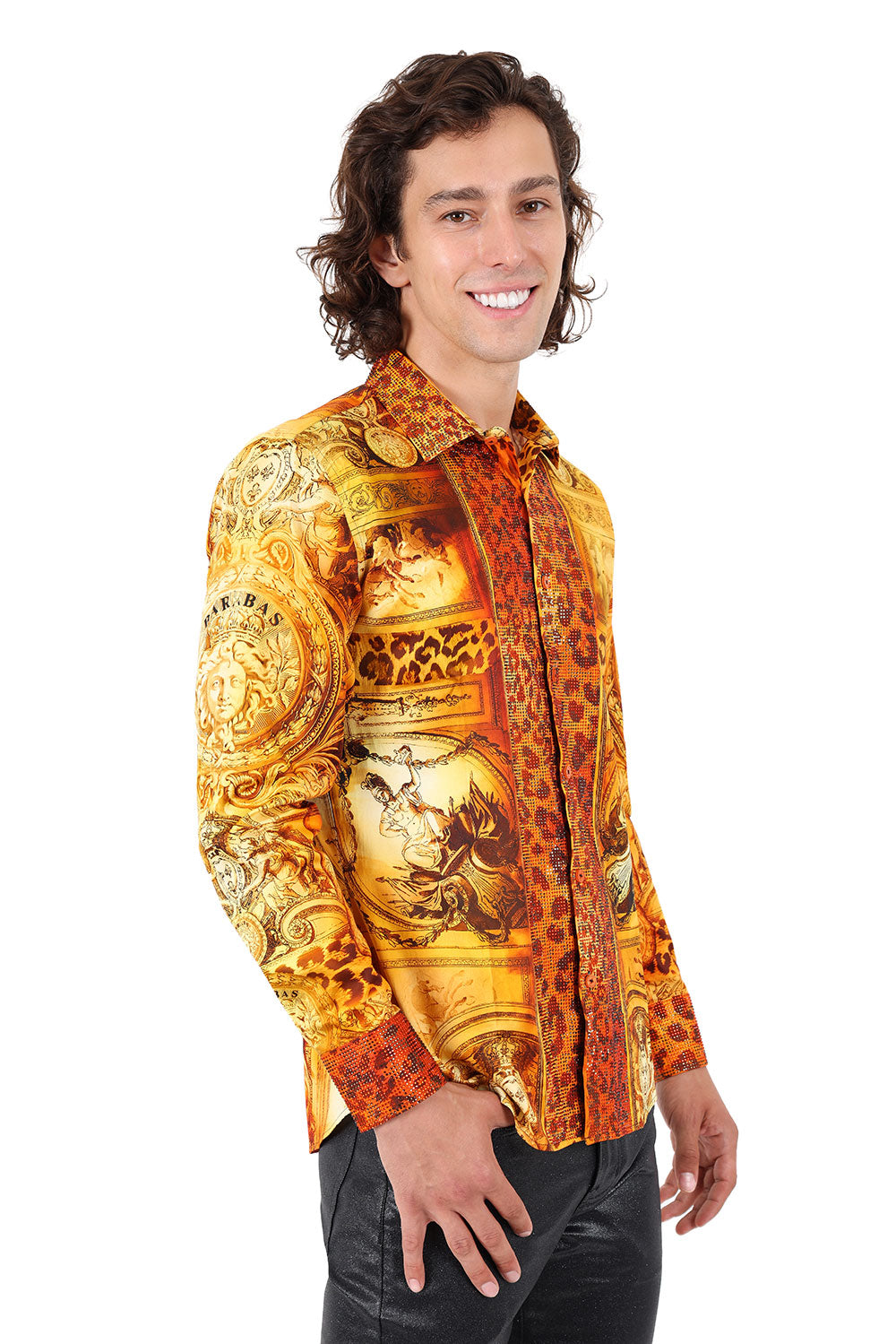 BARABAS Men's Rhinestone Medusa Floral Angeles Baroque Shirt 2SPR220 Rust