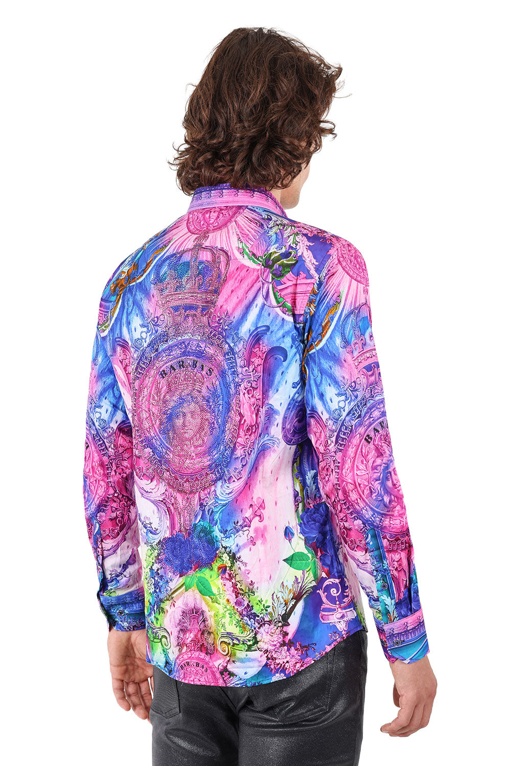 BARABAS Men's Rhinestone Medusa Floral Printed Baroque Shirt 2SPR222 Pink