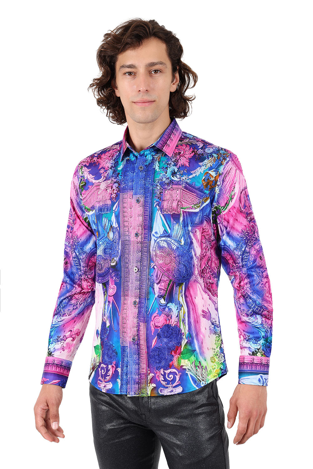BARABAS Men's Rhinestone Medusa Floral Printed Baroque Shirt 2SPR222