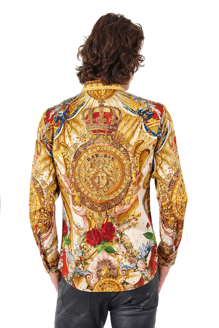 BARABAS Men's Rhinestone Medusa Floral Printed Baroque Shirt 2SPR222