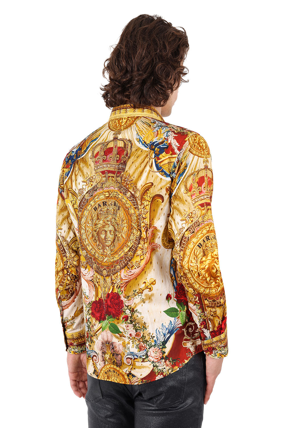 BARABAS Men's Rhinestone Medusa Floral Printed Baroque Shirt 2SPR222