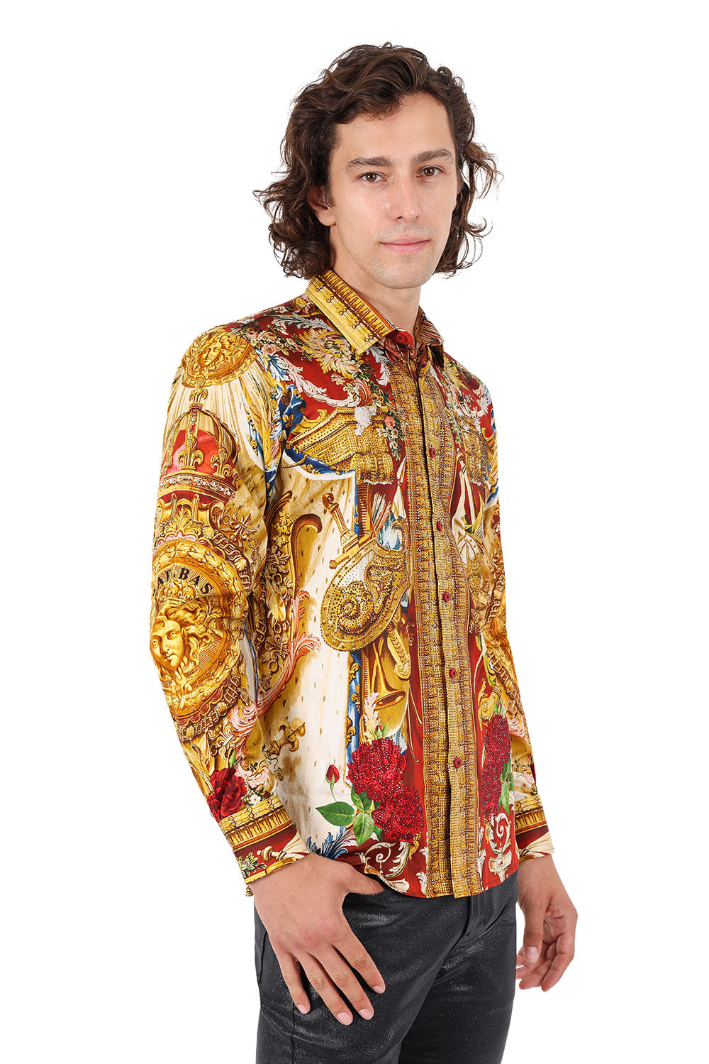 BARABAS Men's Rhinestone Medusa Floral Printed Baroque Shirt 2SPR222 Gold