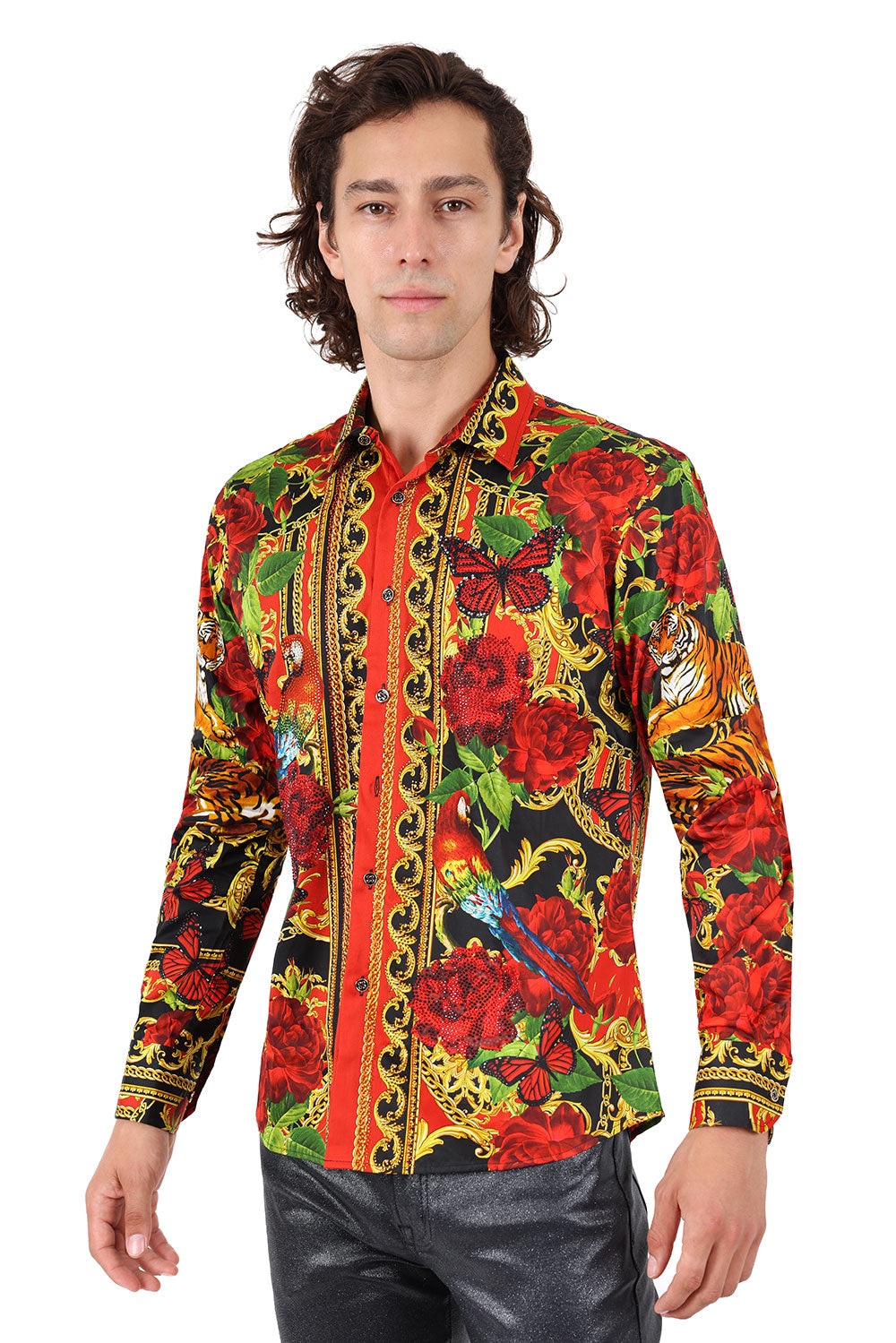 BARABAS Men's Rhinestone Tiger Floral Butterfly Luxury Shirt 2SPR224 Multi