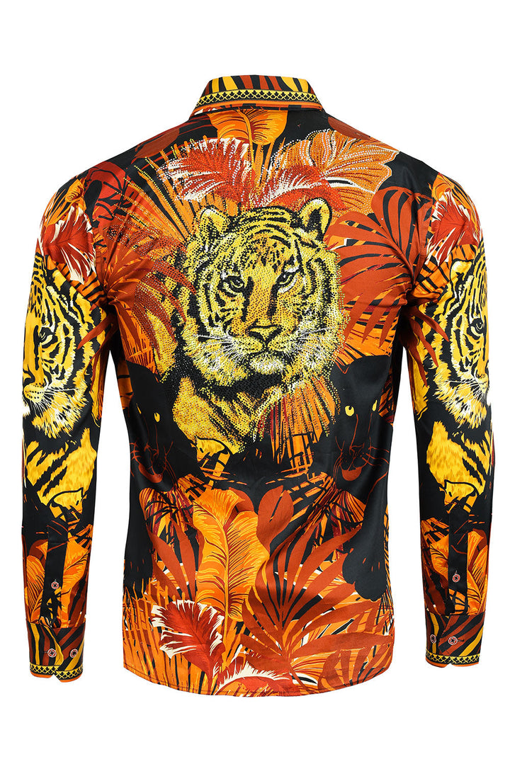 BARABAS Men's Rhinestone Leopard Floral Long Sleeves Shirt 2SPR225 Gold Rust