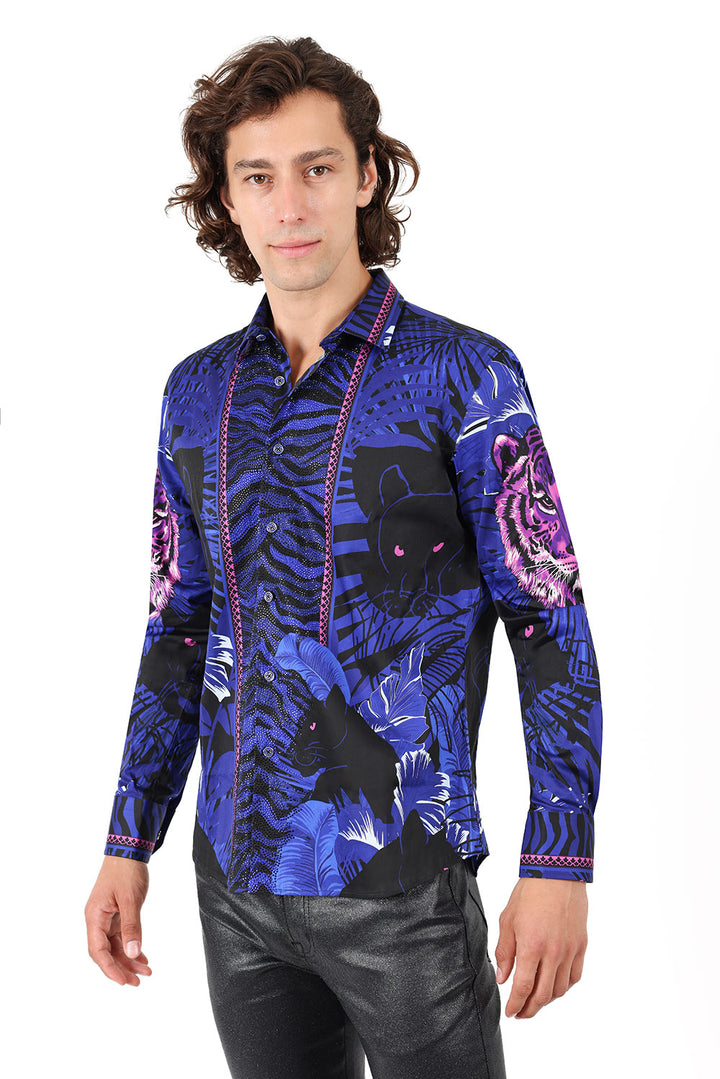 BARABAS Men's Rhinestone Leopard Floral Long Sleeves Shirt 2SPR225 Navy