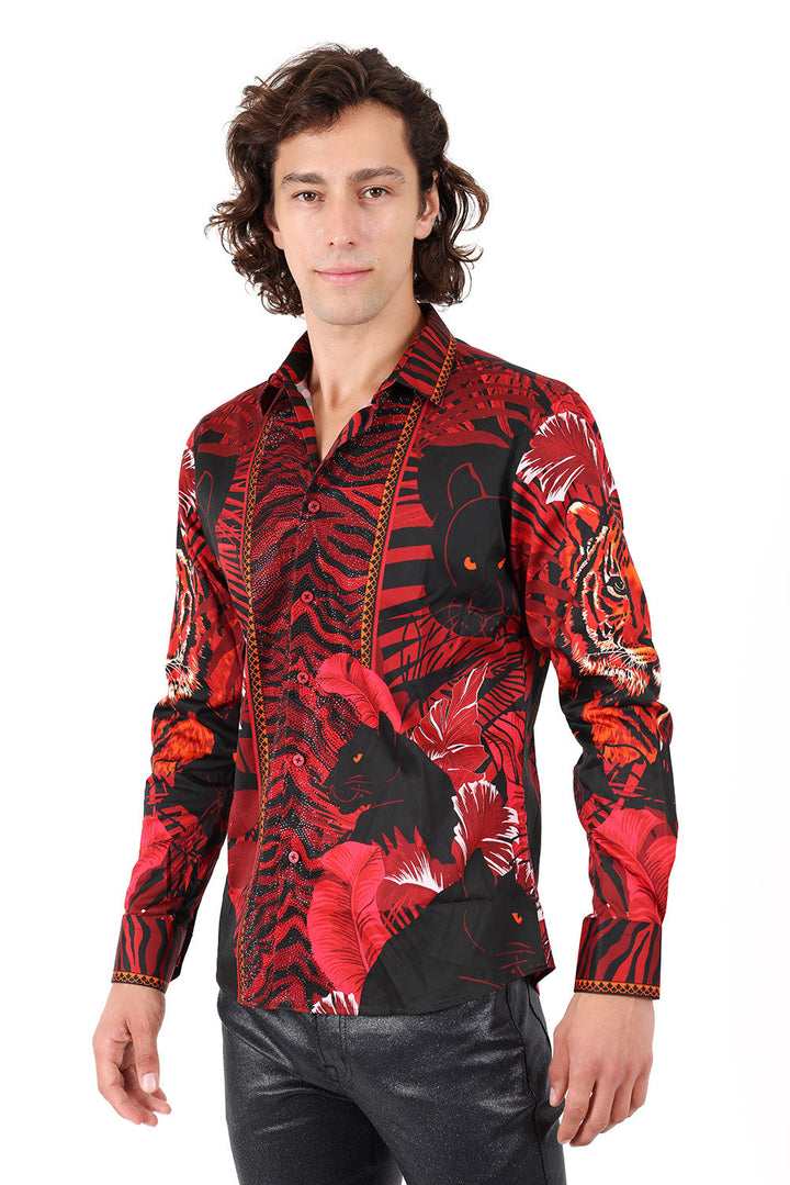 BARABAS Men's Rhinestone Leopard Floral Long Sleeves Shirt 2SPR225 Red