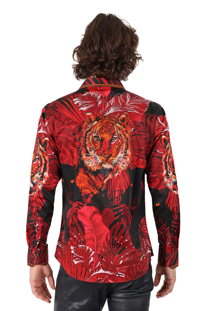 BARABAS Men's Rhinestone Leopard Floral Long Sleeves Shirt 2SPR225 Red