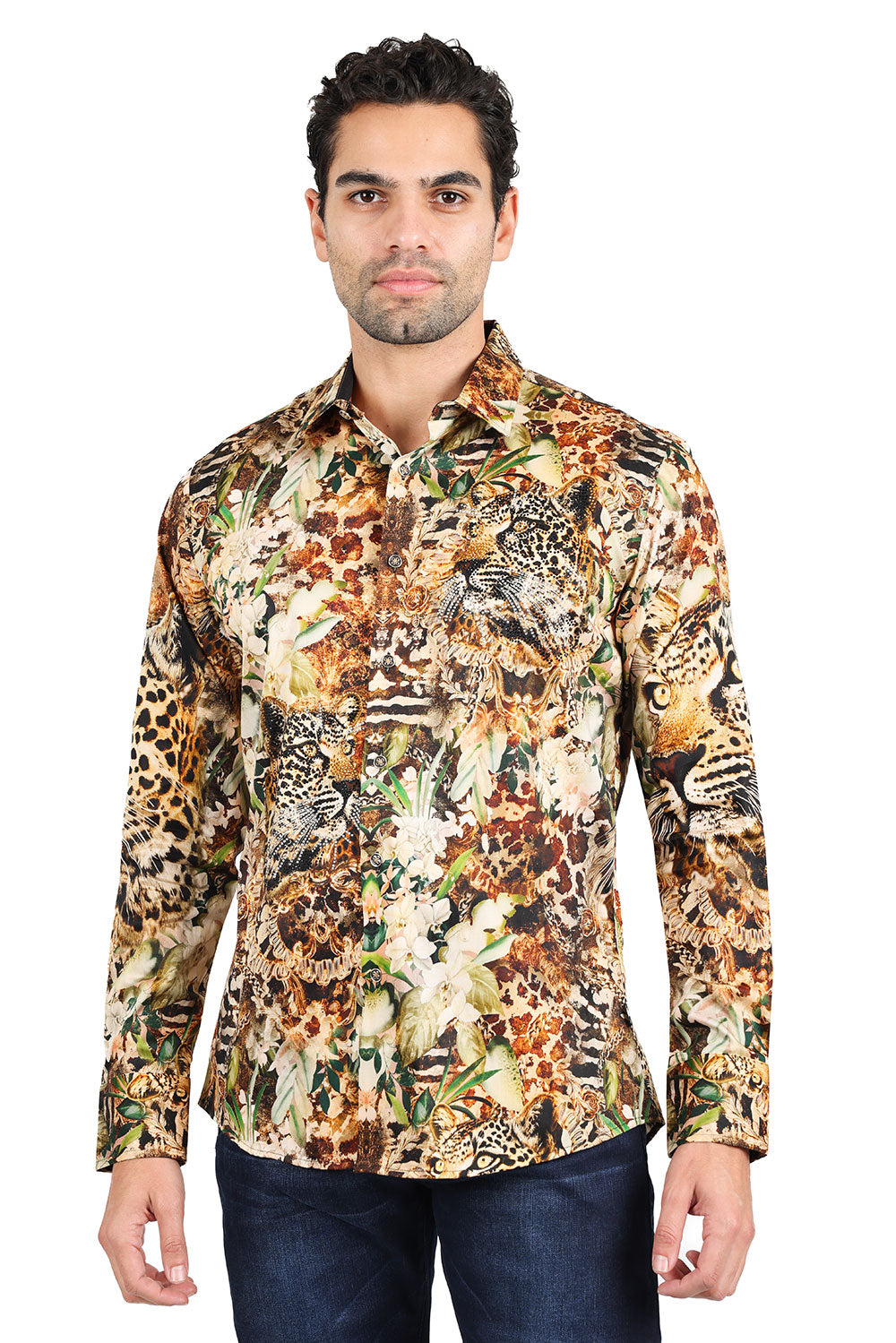 Barabas Men's Rhinestone Floral Leopard Print Button Down Shirt 2SPR29