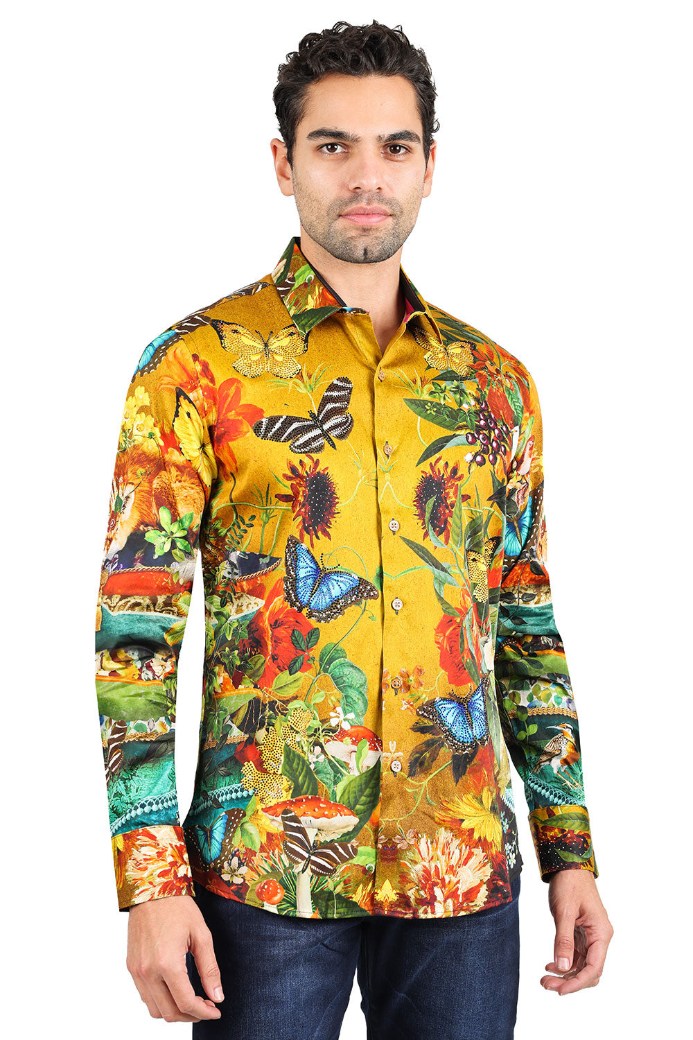 BARABAS men's Rhinestone Butterflies Floral long sleeve shirts 2SPR30 Multicolor