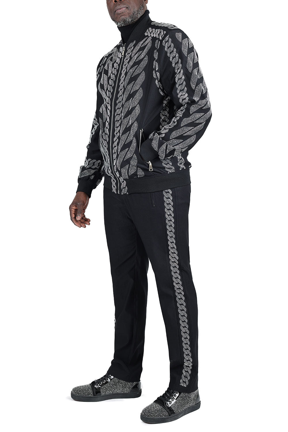 Barabas Men's Chain Rhinestone Pattern Design Luxury Loungewear 2STM13 Black Silver