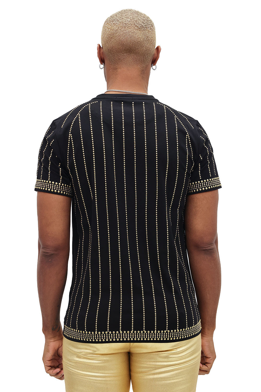 BARABAS Men's Rhinestone Striped Geometric Crew Neck T-Shirt 2STR6 Black Gold