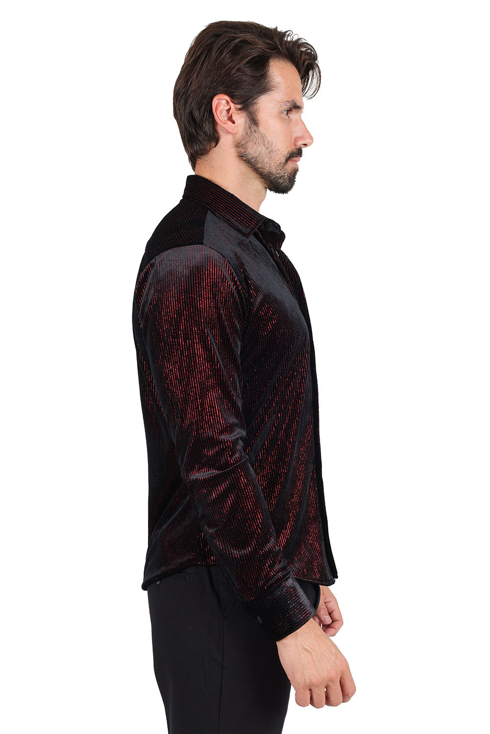 BARABAS Men's Shiny Metallic Print Design Long Sleeves Shirt 2SVL01 Black Red