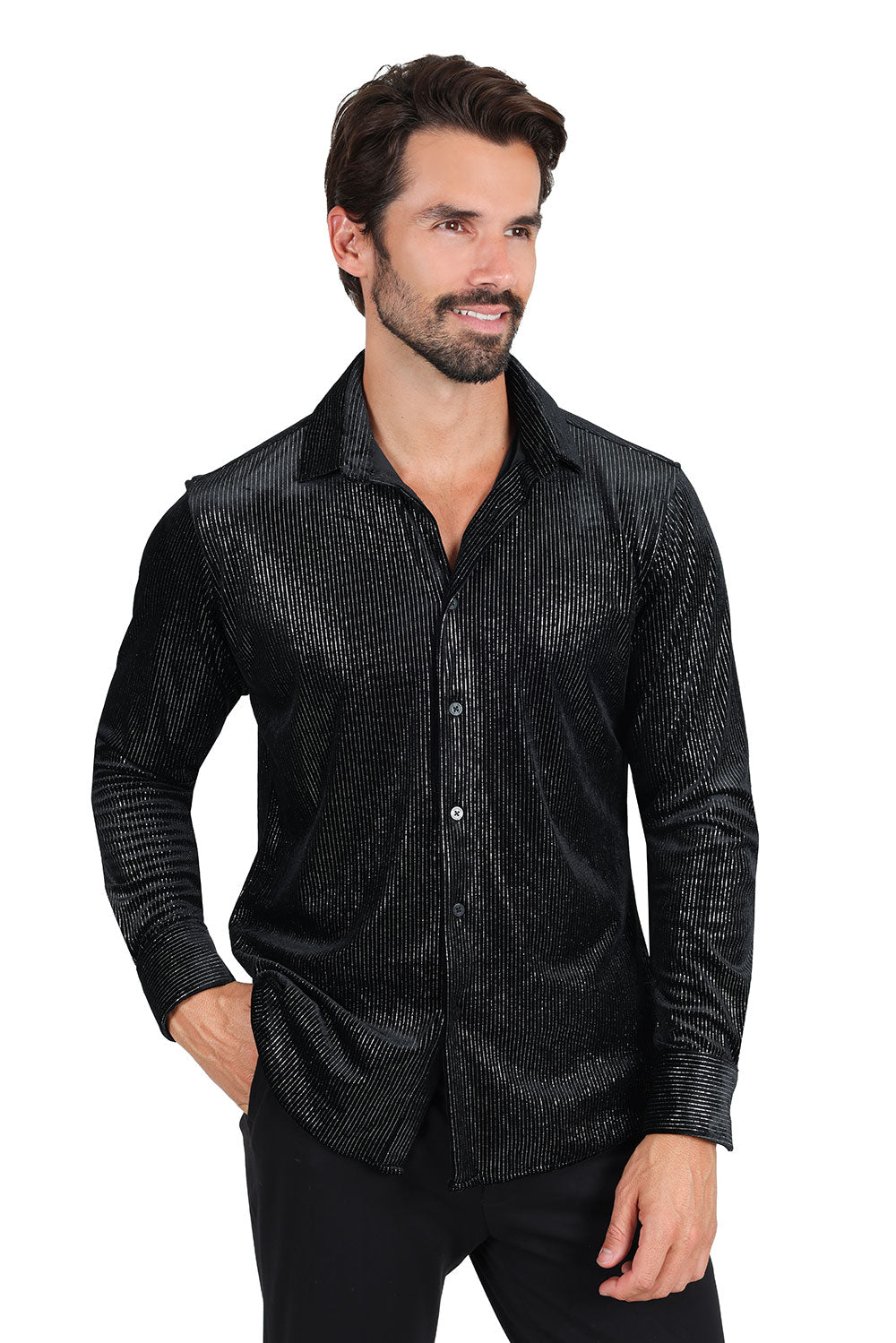 BARABAS Men's Shiny Metallic Print Design Long Sleeves Shirt 2SVL01 Black Silver