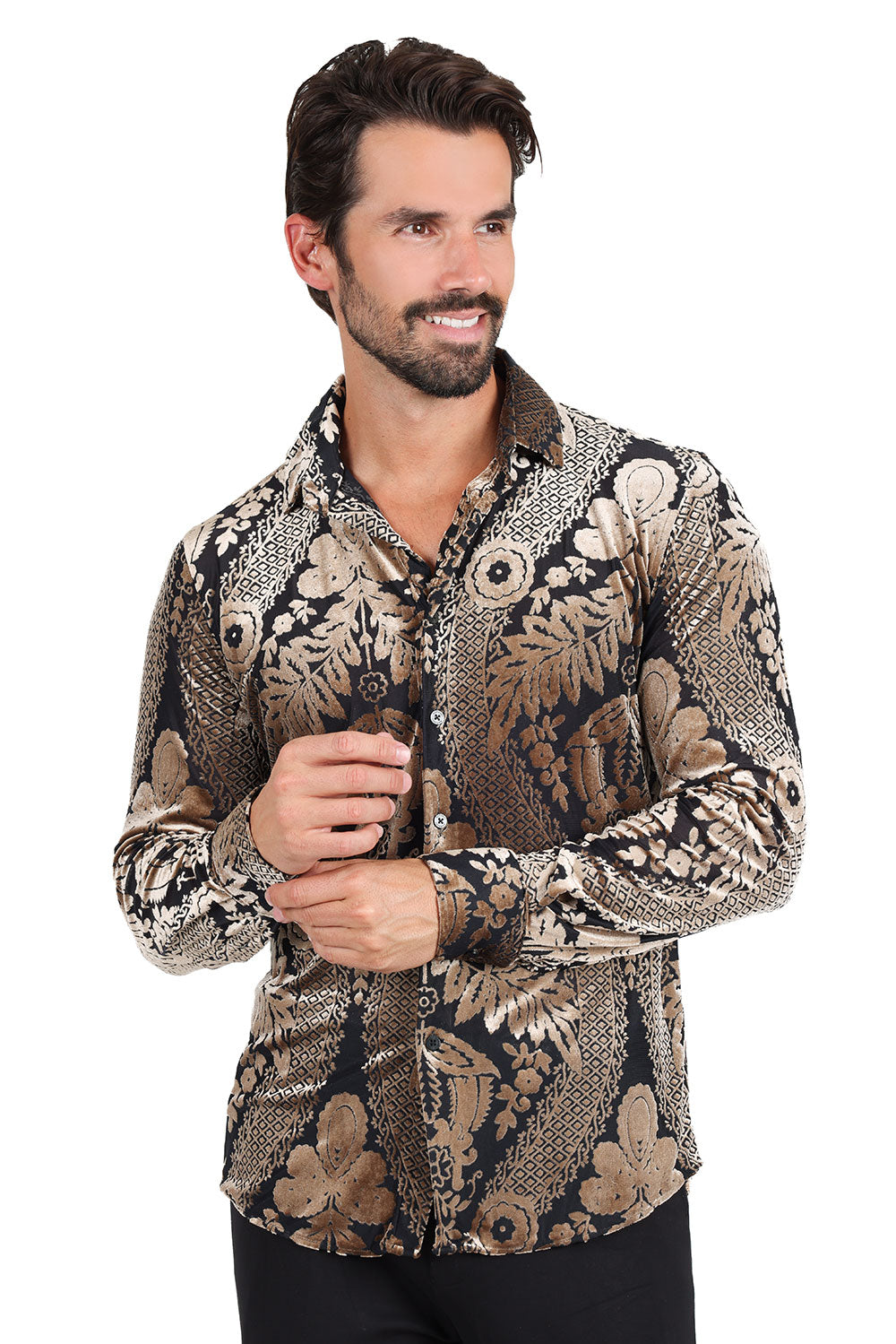 BARABAS Men's Floral Paisley See Through Long Sleeve Shirt 2SVL02 Gold