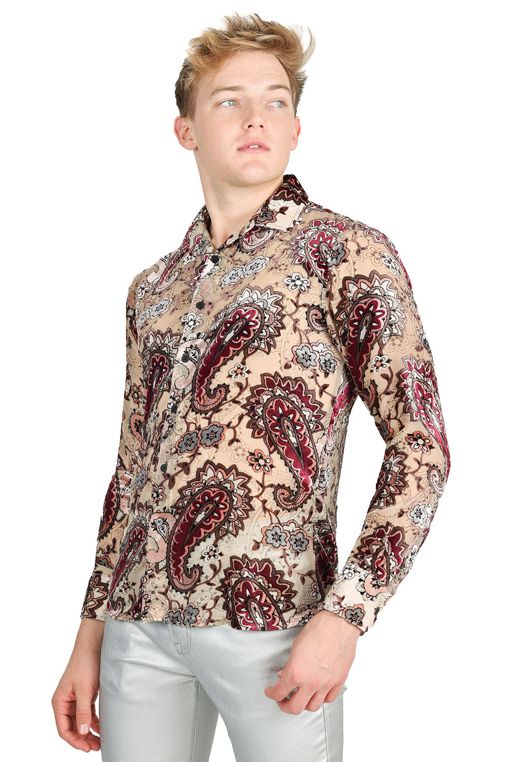 BARABAS Men's Floral Paisley Long Sleeve Button Down Shirt 2SVL03 Gold