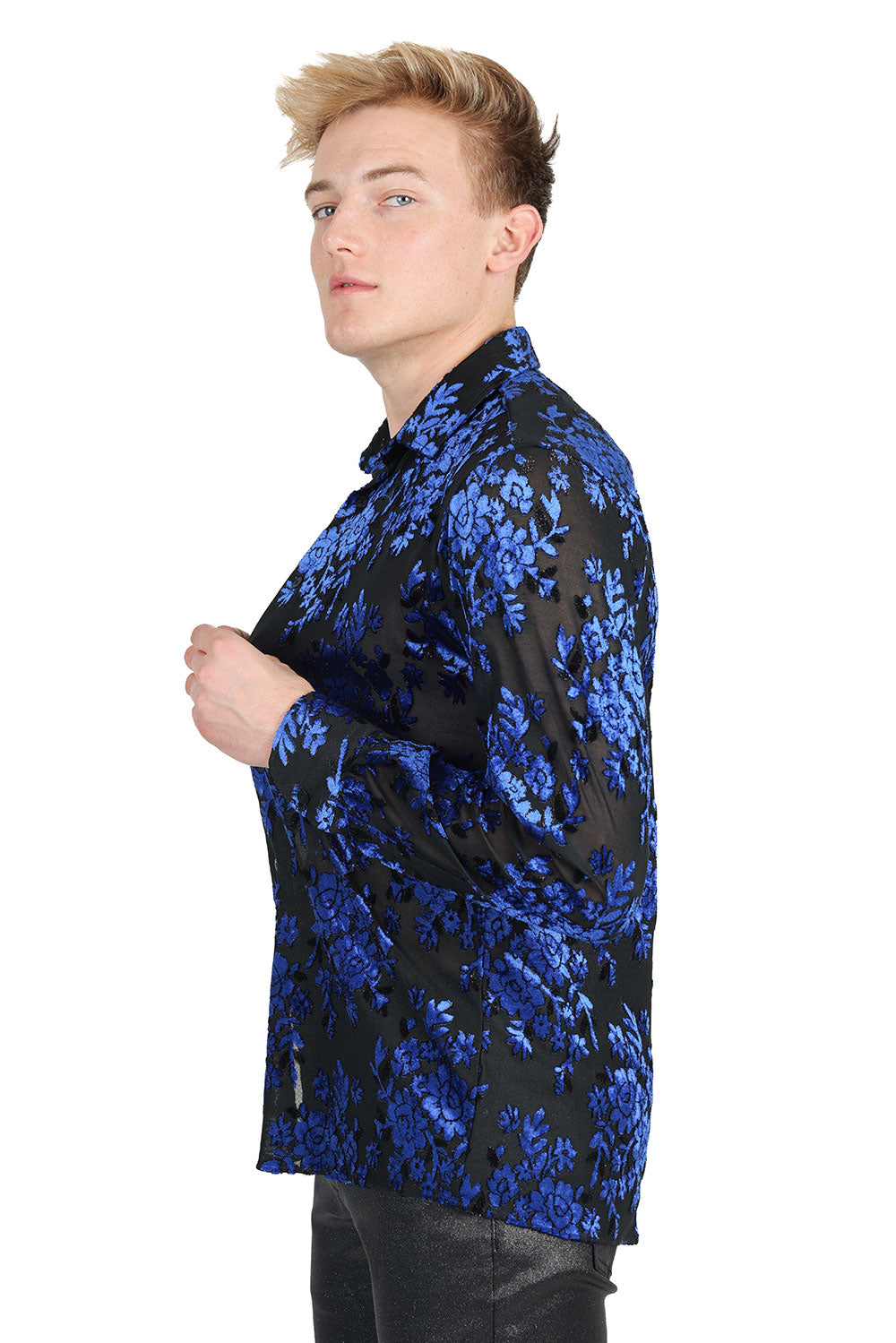 BARABAS Men's Roses Floral See Through Long Sleeve Shirt 2SVL04 Navy Black