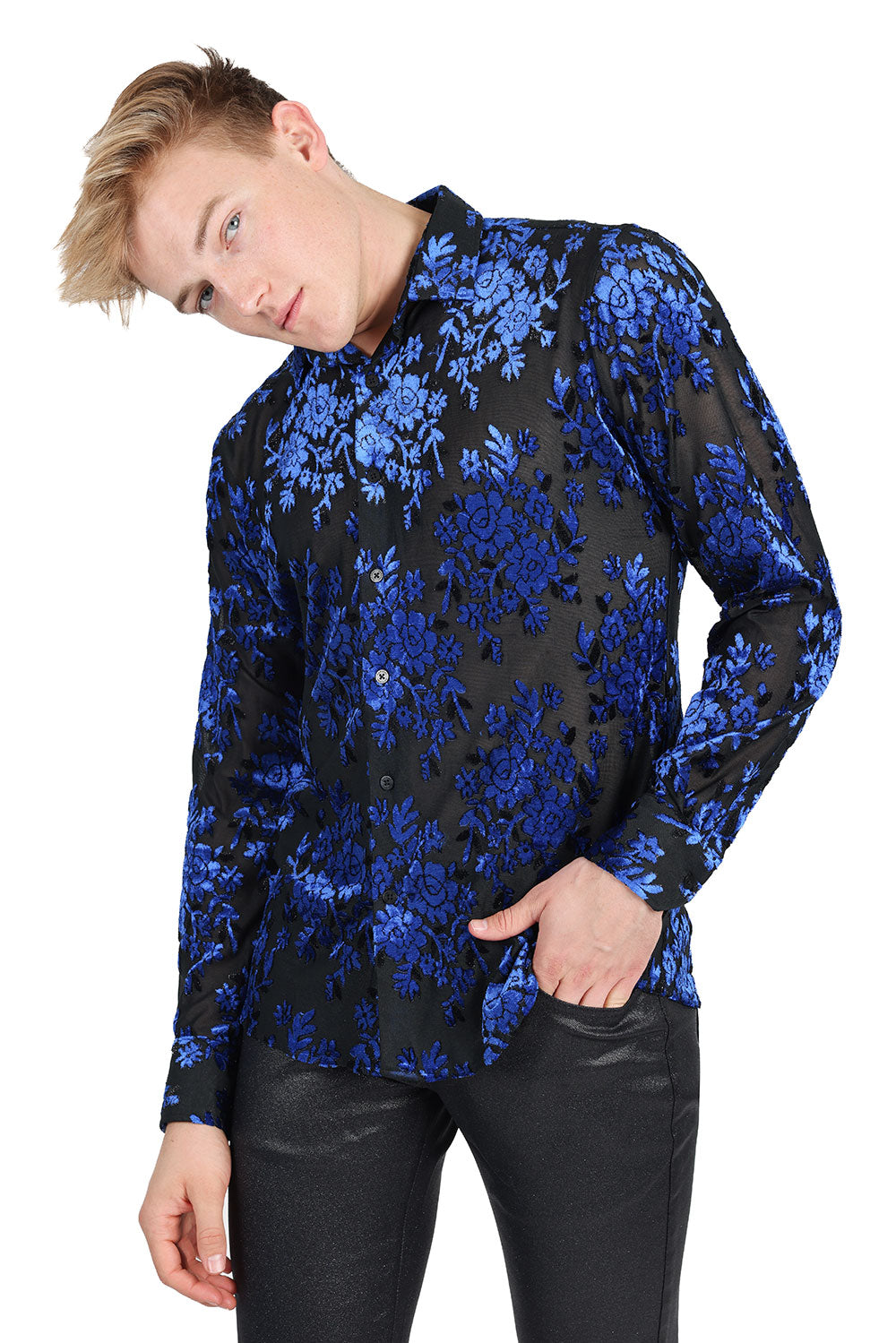 BARABAS Men's Roses Floral See Through Long Sleeve Shirt 2SVL04 Navy Black