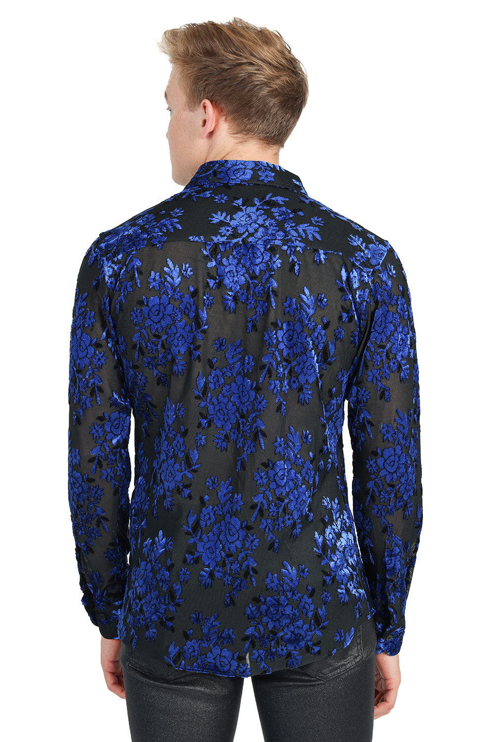 BARABAS Men's Roses Floral See Through Long Sleeve Shirt 2SVL04 Navy Black