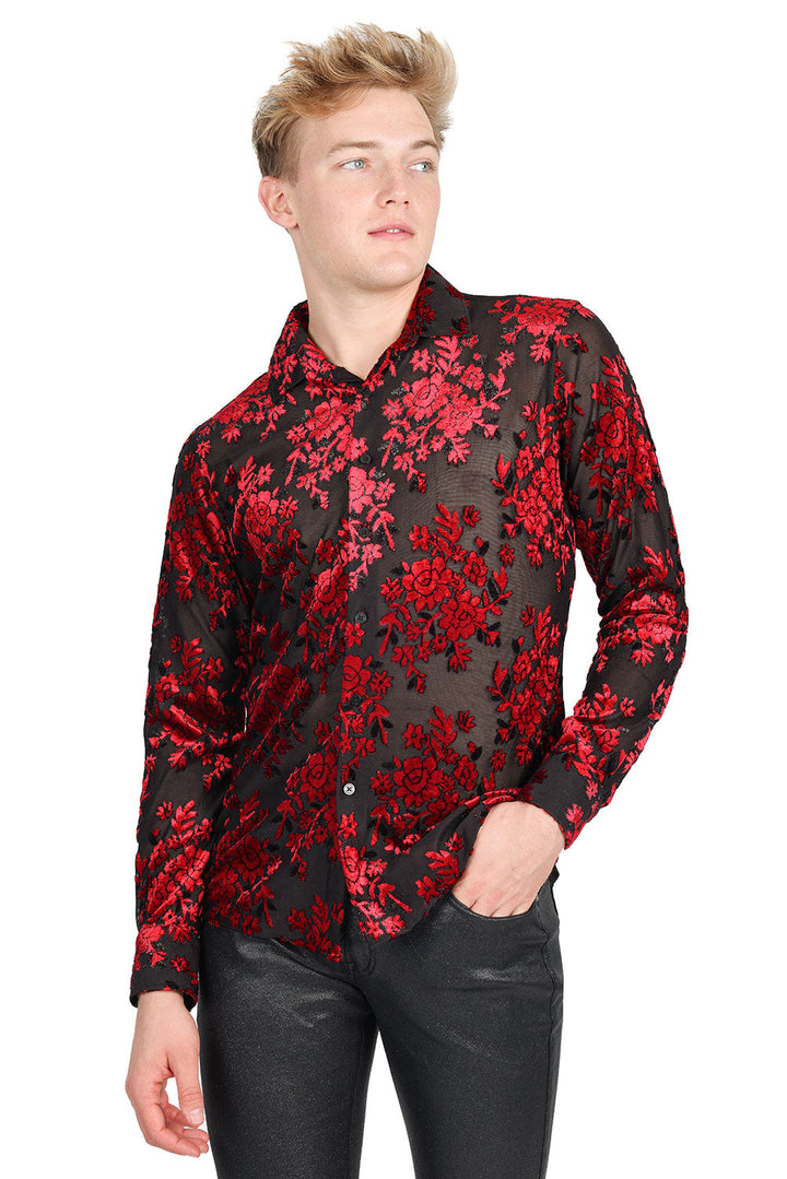 BARABAS Men's Roses Floral See Through Long Sleeve Shirt 2SVL04 Red