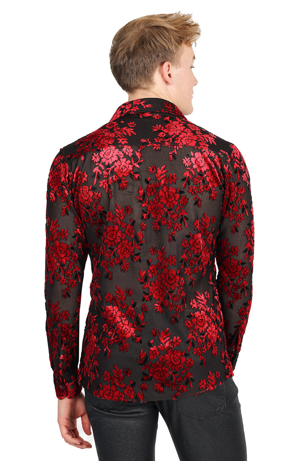 BARABAS Men's Roses Floral See Through Long Sleeve Shirt 2SVL04 Red