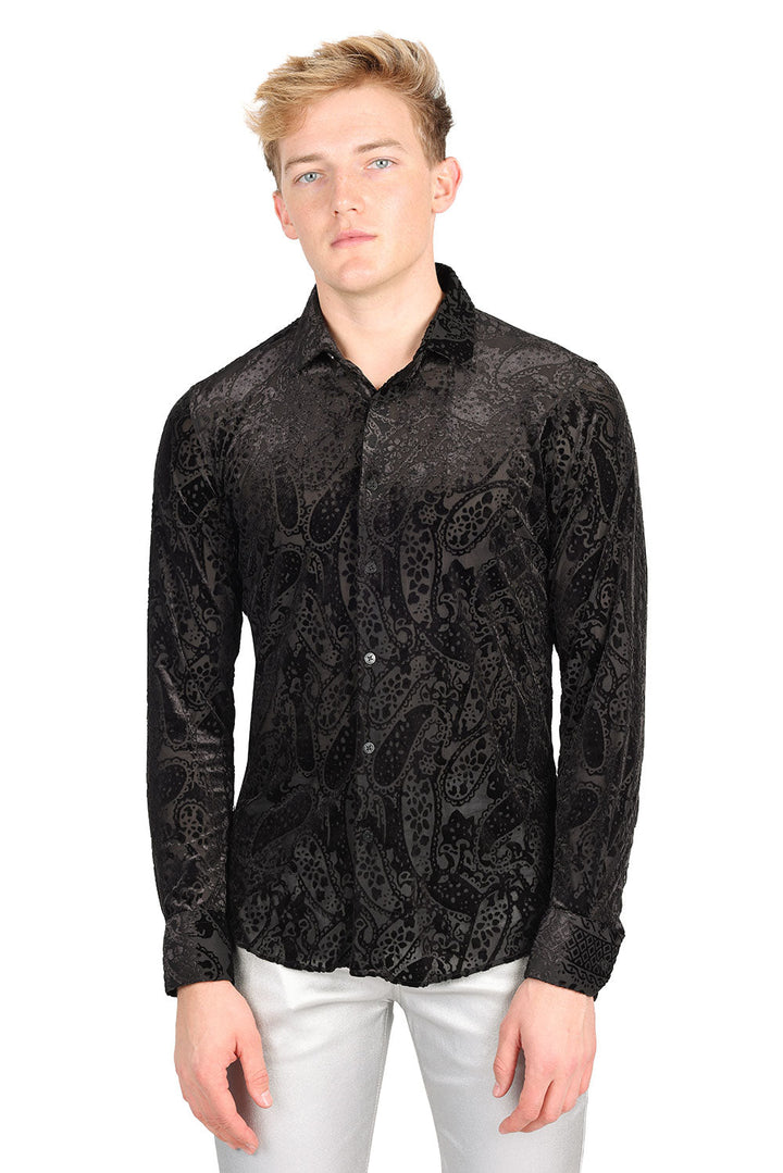 BARABAS Men's Paisley Long Sleeve Button Down Shirt 2SVL07 Black