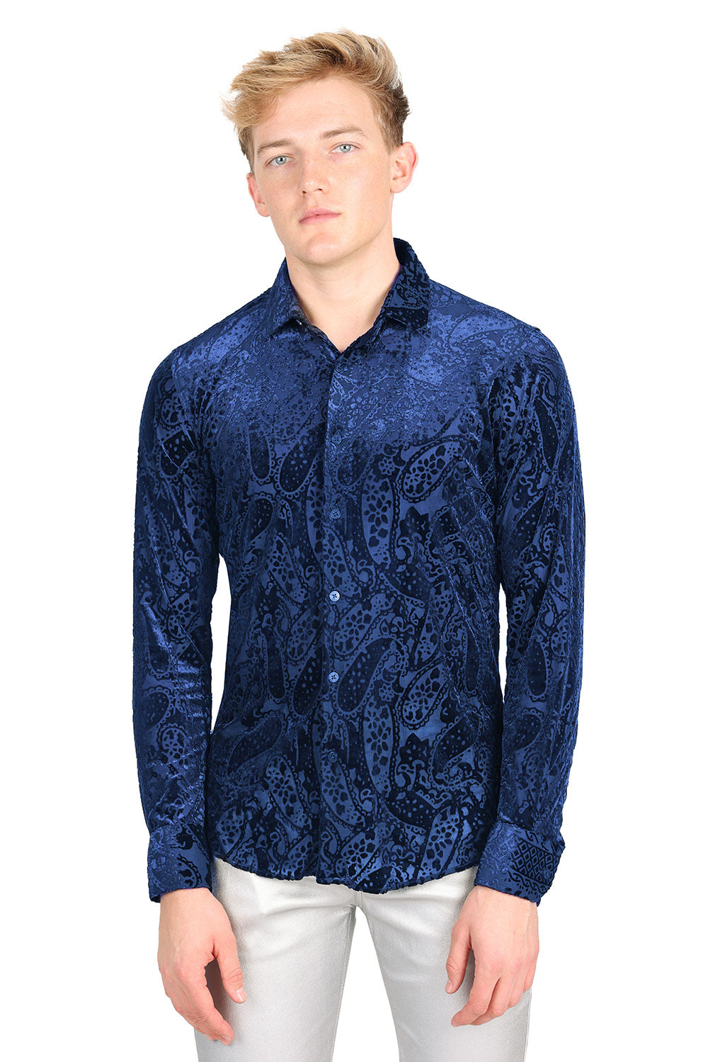 BARABAS Men's Paisley Long Sleeve Button Down Shirt 2SVL07 Navy