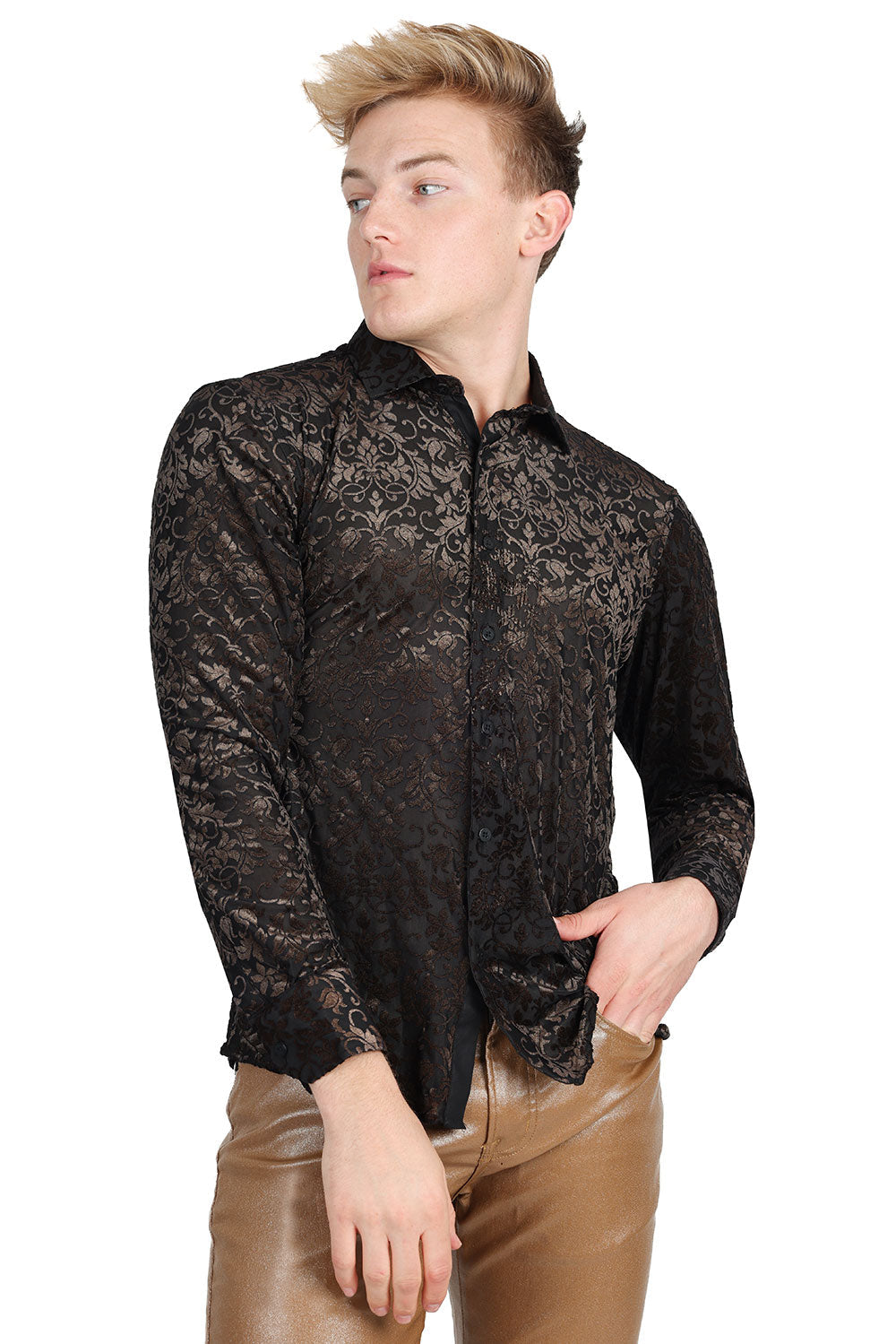 BARABAS Men's Floral Vines See Through Long Sleeve Shirt 2SVL08 Black Gold