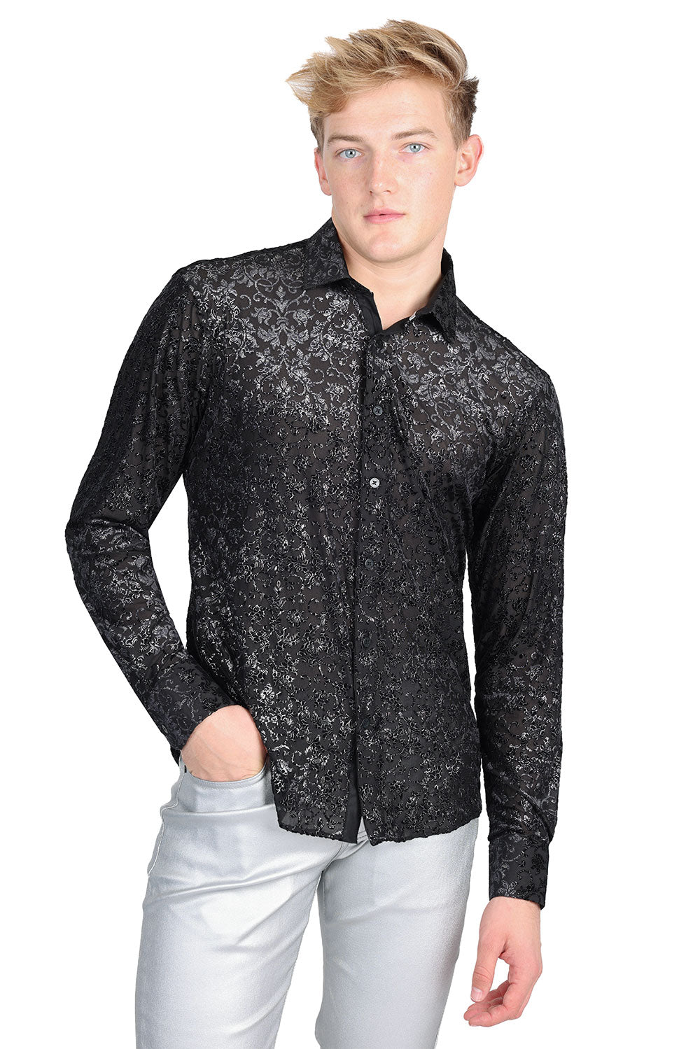 BARABAS Men's Floral Vines See Through Long Sleeve Shirt 2SVL08 Black Silver