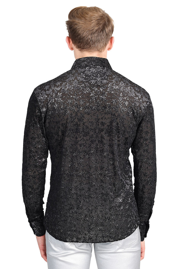 BARABAS Men's Floral Vines See Through Long Sleeve Shirt 2SVL08 Black Silver