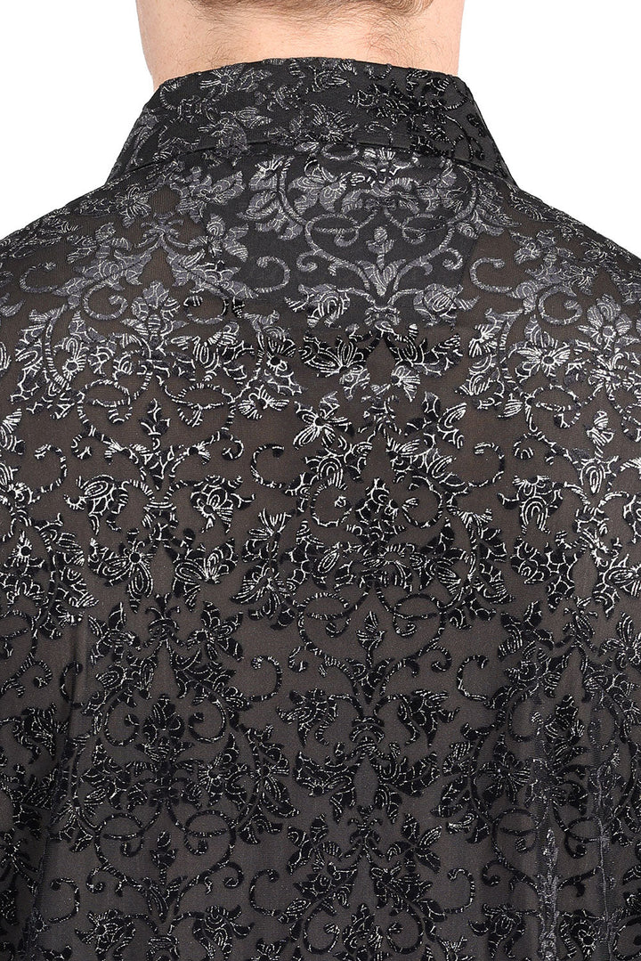 BARABAS Men's Floral Vines See Through Long Sleeve Shirt 2SVL08 Black Silver