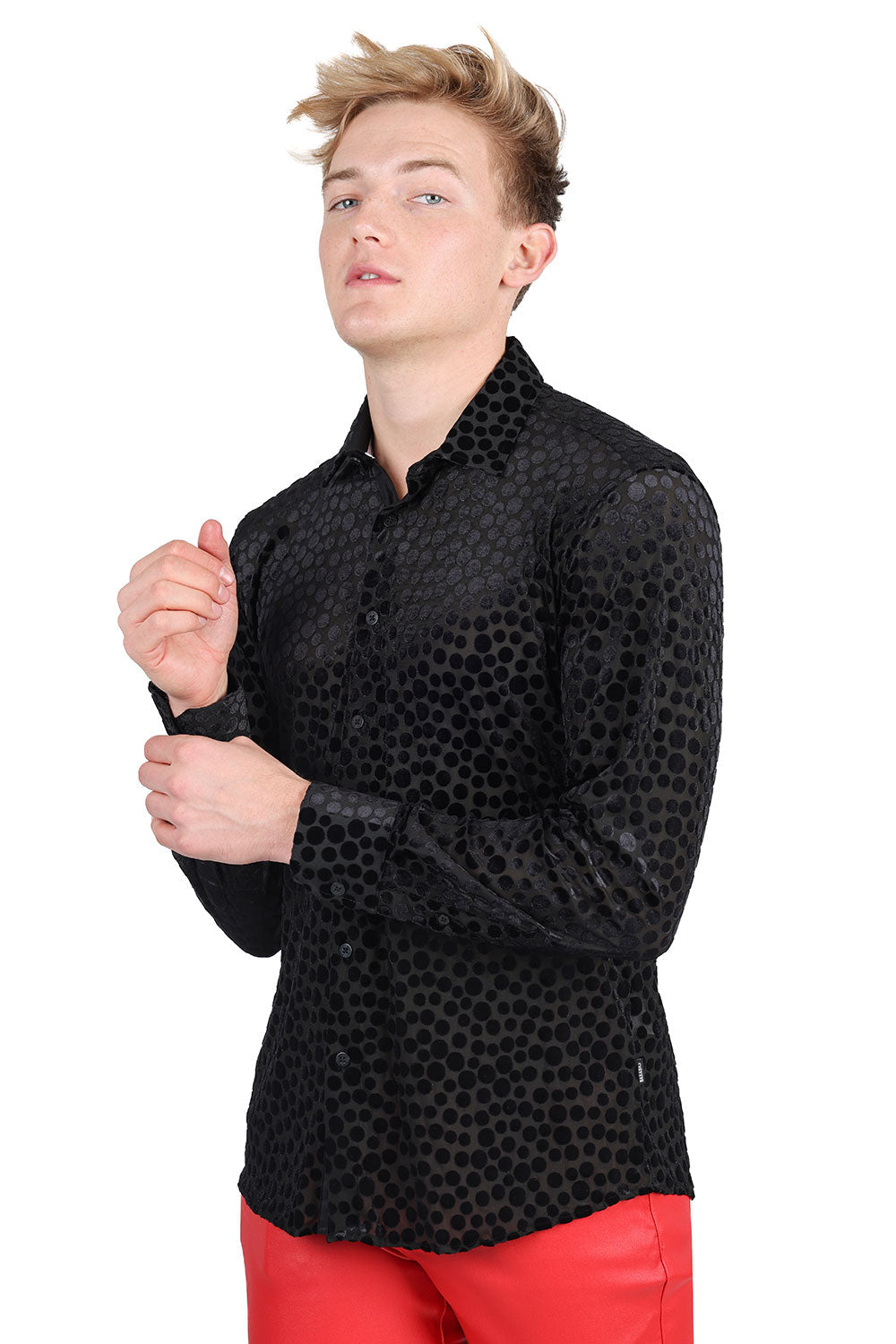 BARABAS Men's Polka Dotted See Through Long Sleeve Shirt 2SVL11 Black