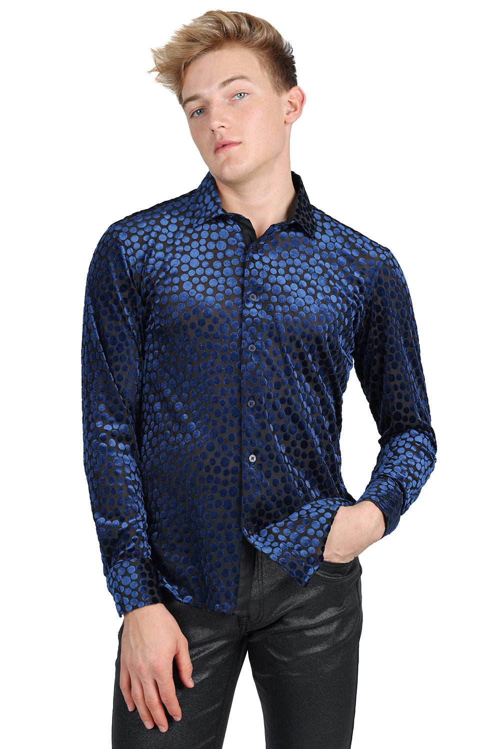 BARABAS Men's Polka Dot Long Sleeve Button Down Shirt 2SVL11 Navy