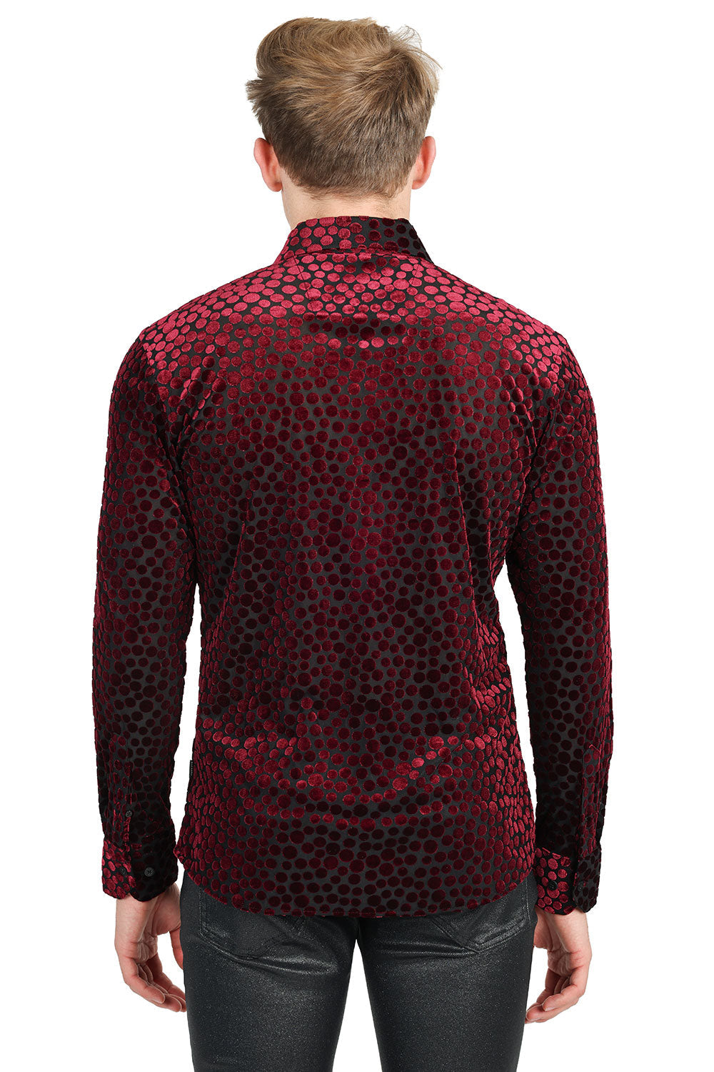 BARABAS Men's Polka Dotted See Through Long Sleeve Shirt 2SVL11 Wine