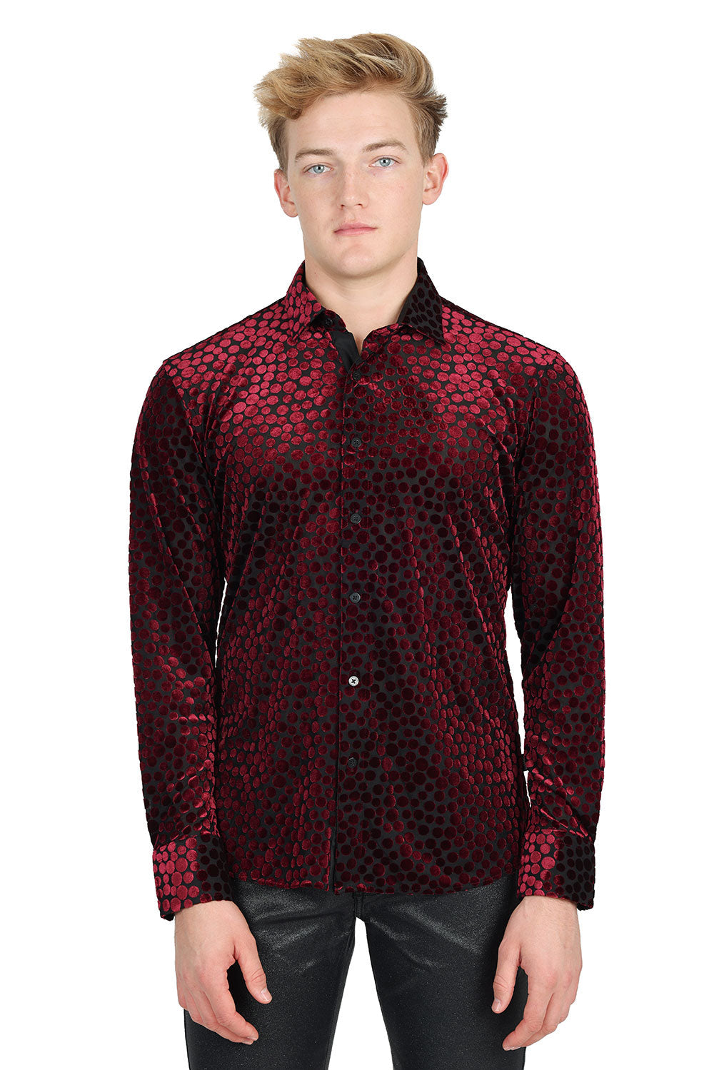 BARABAS Men's Polka Dotted See Through Long Sleeve Shirt 2SVL11 Red