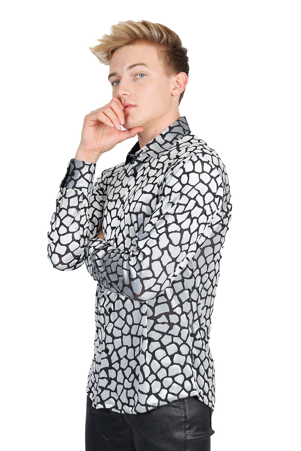 BARABAS Men's See Through Geometric Long Sleeve Shirt 2SVL12 Silver