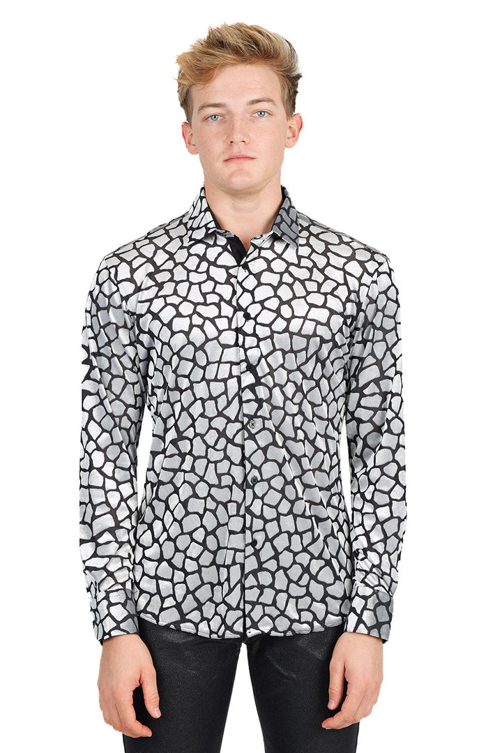 BARABAS Men's See Through Geometric Long Sleeve Shirt 2SVL12 Black