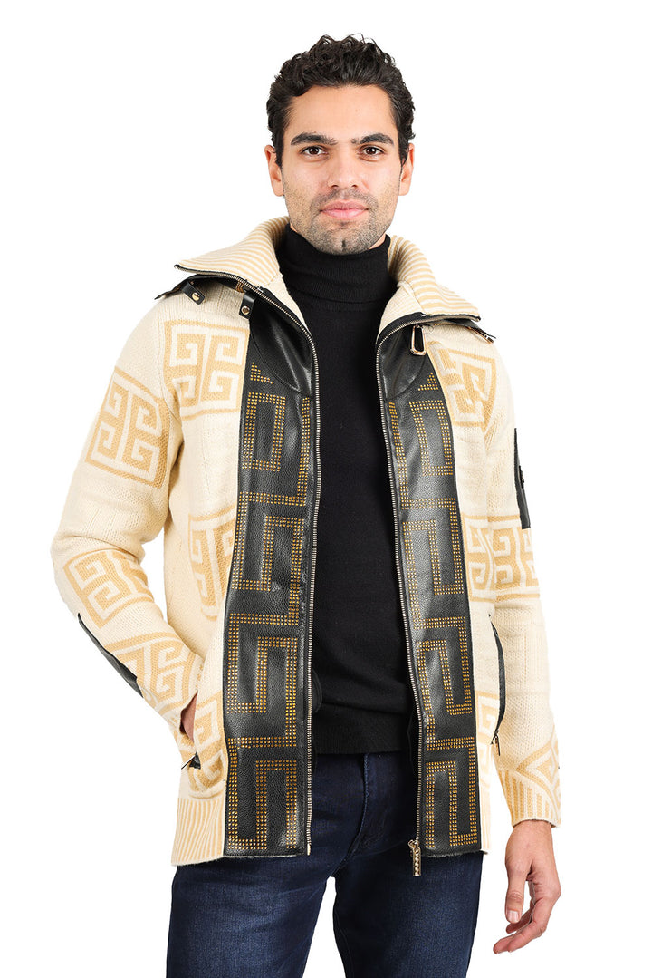 Barabas Men's Greek Key Print Front Faux Leather Winter Sweater 2SWZ2 Mocha