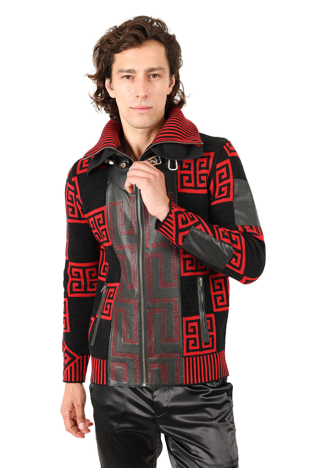 Barabas Men's Greek Key Print Rhinestone Leather Winter Jacket 2SWZ2 Red Black