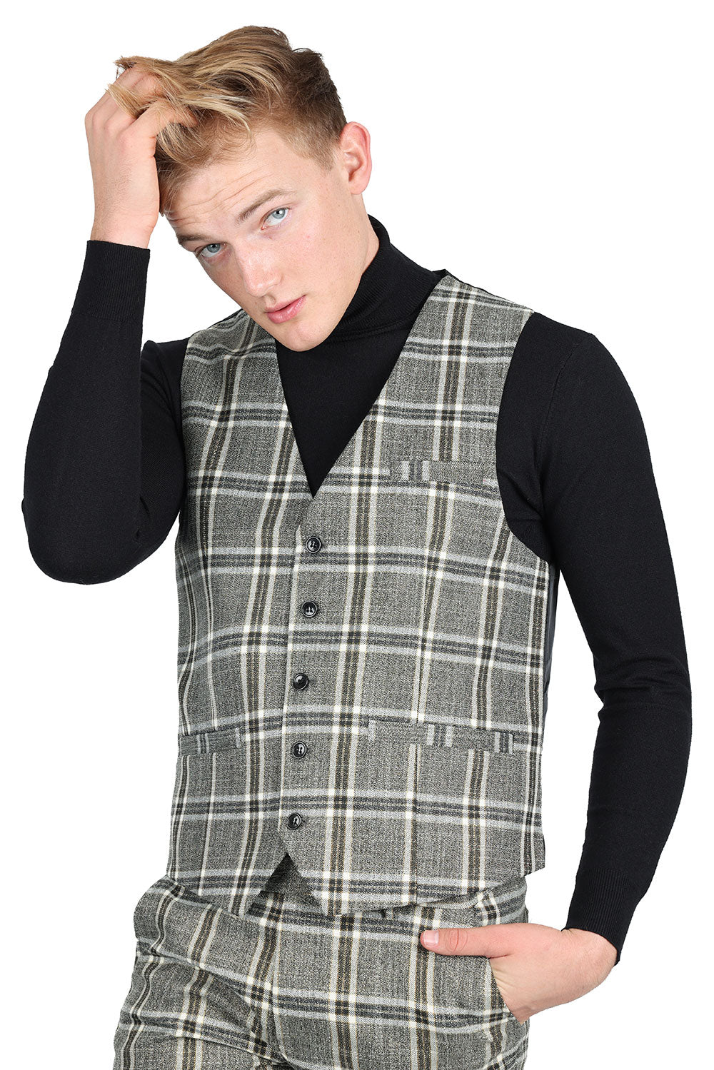 Barabas Men's Checkered Plaid Gold Silver Dress vest 2VP187 Gold Grey