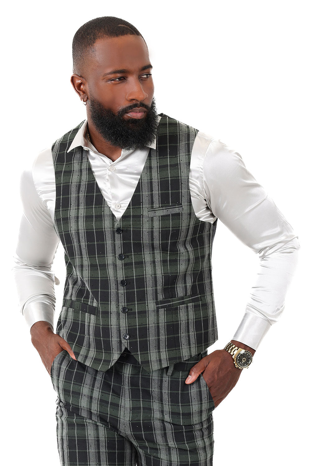 Barabas Men's Checkered Plaid Black Grey Green Dress Vest 2VP193 Black Green