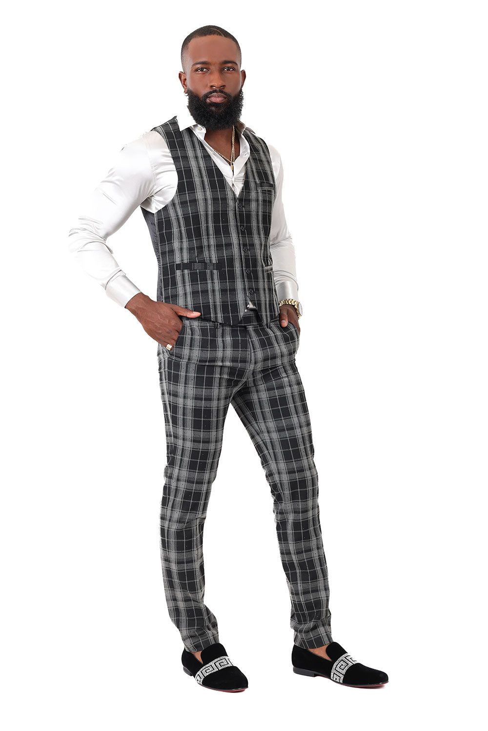 Barabas Men's Checkered Plaid Black Grey Green Dress Vest 2VP193 Black Grey