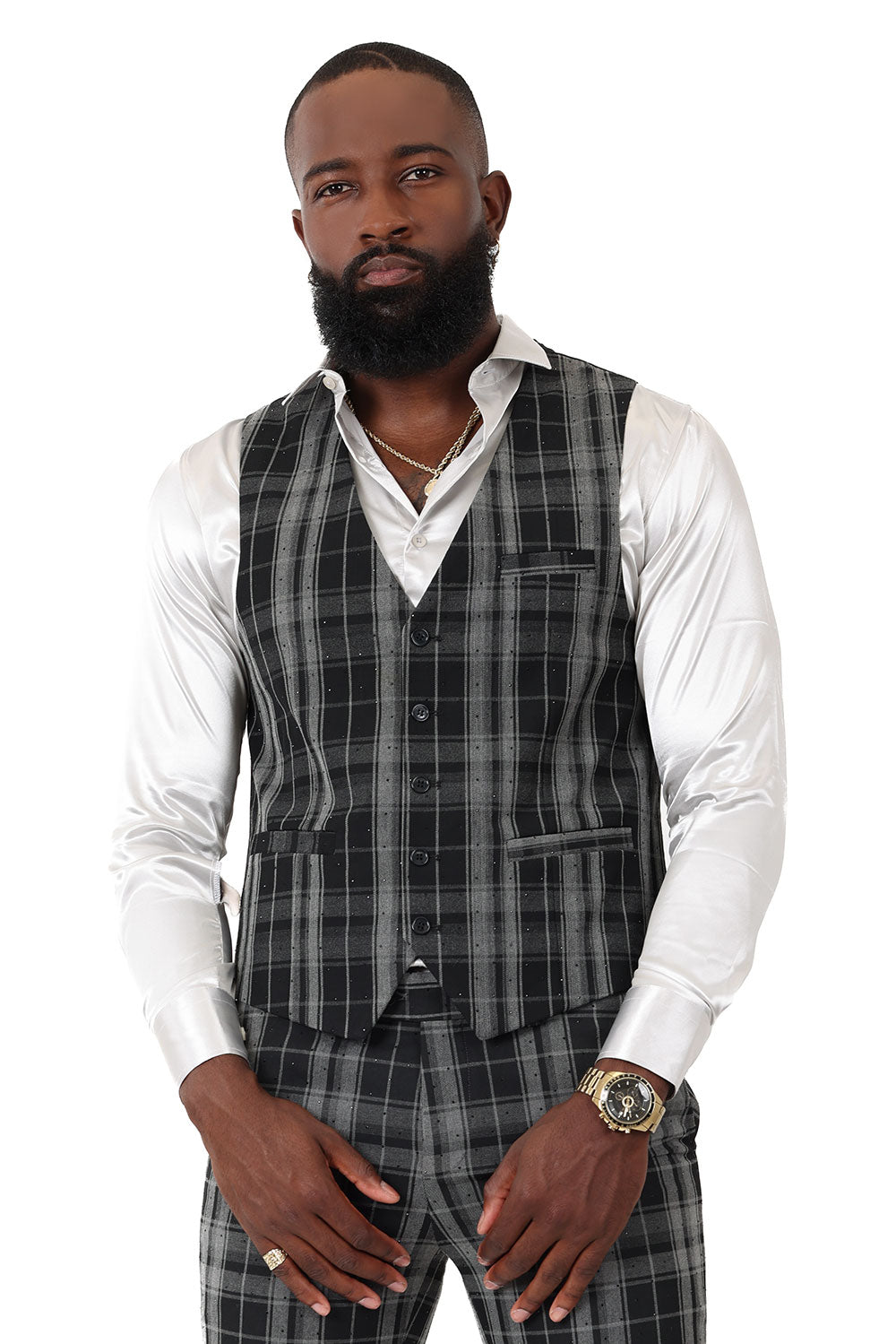 Barabas Men's Checkered Plaid Black Grey Green Dress Vest 2VP193 Black Grey