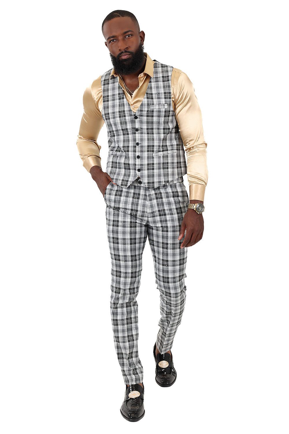 Barabas Men's Rhinestone Plaid Checkered Dress Slim Fit Vests 2VP210 Black
